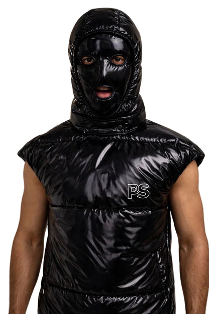 Glossy Black Nylon Hooded Vest with Full Face Mask