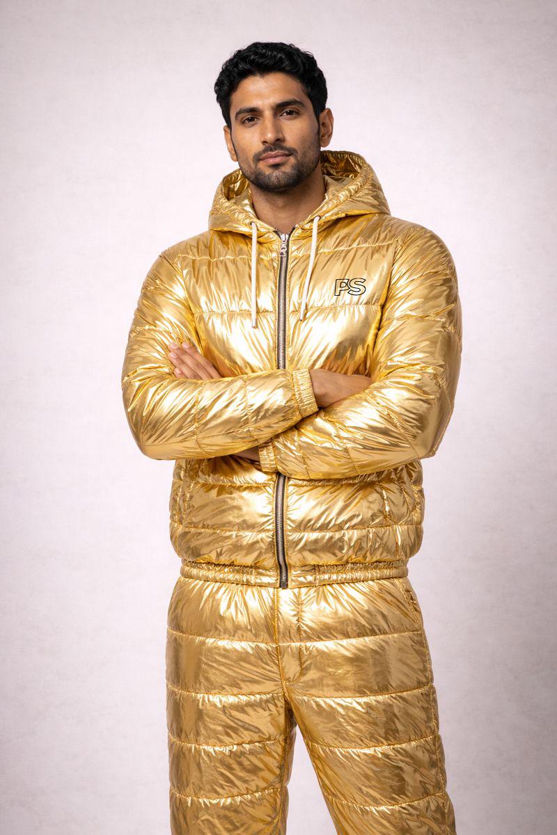 Metallic Gold Shiny Nylon Puffer Tracksuit for Men