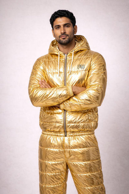 Metallic Gold Shiny Nylon Puffer Tracksuit for Men