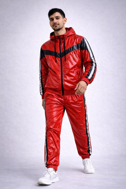 Shiny Nylon Tracksuit Red Gloss Lightweight Set