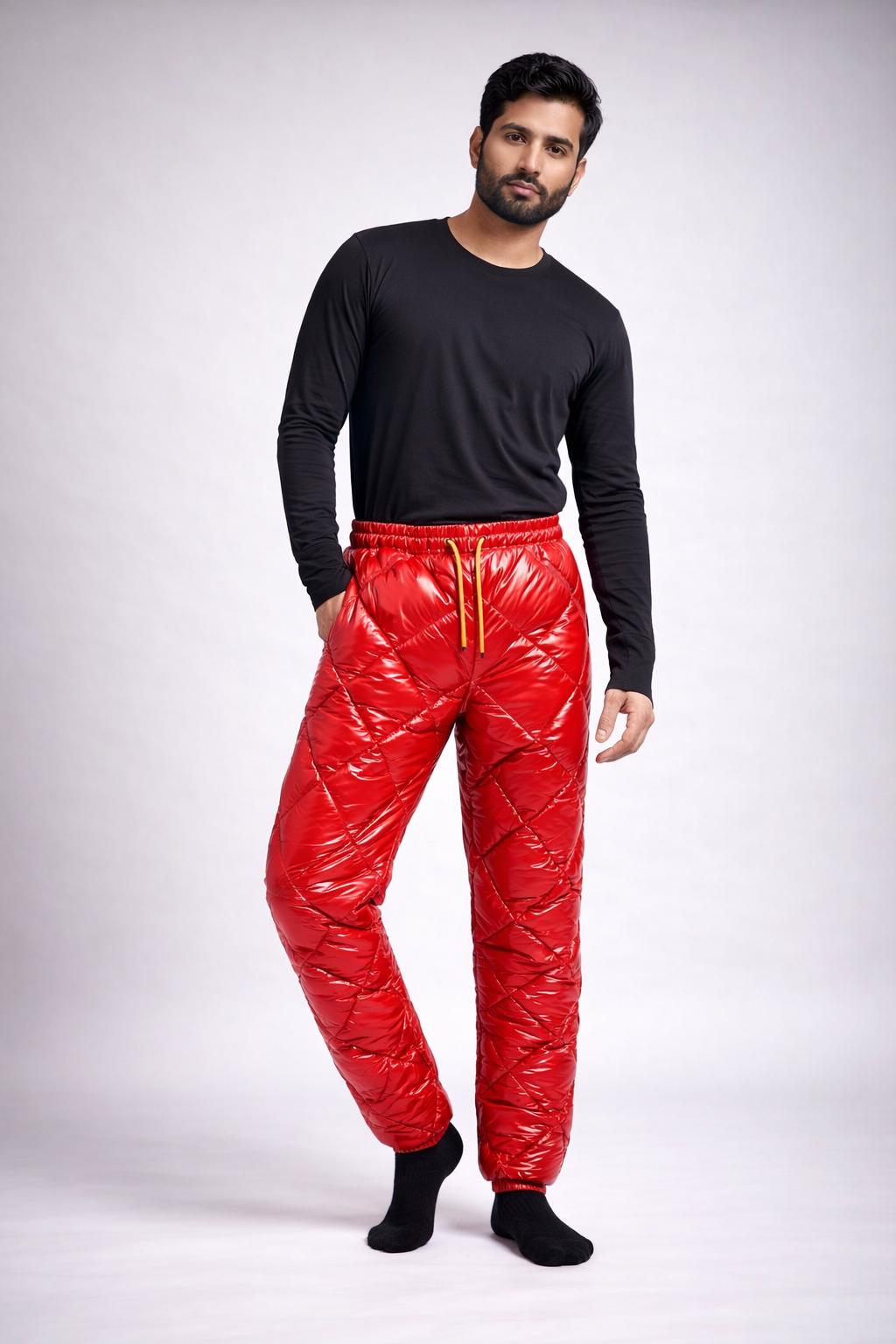 Glossy Red Quilted Nylon Puffer Pants Insulated Winter Trousers