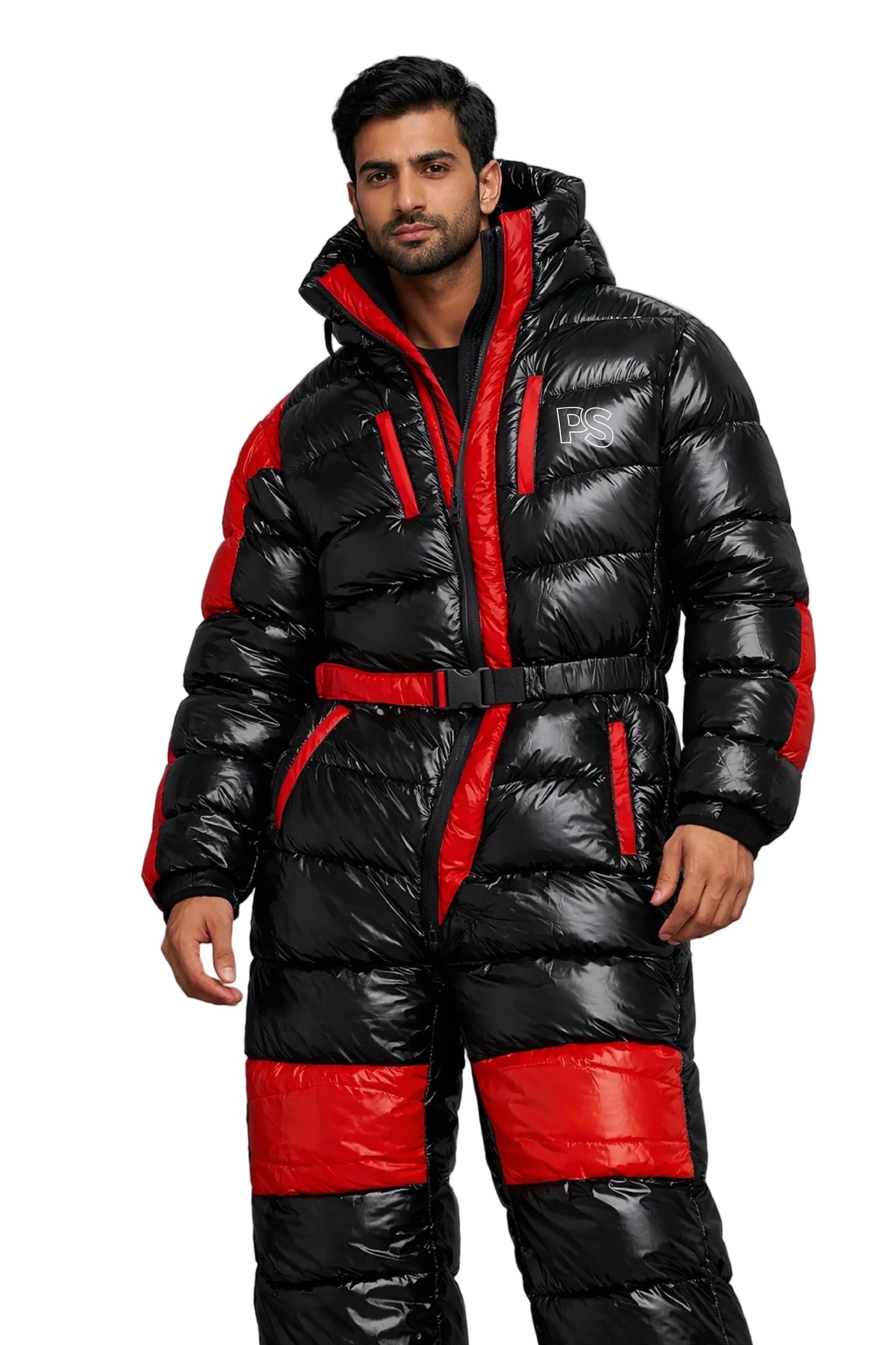 Black & Red Shiny Nylon One Piece Snowsuit