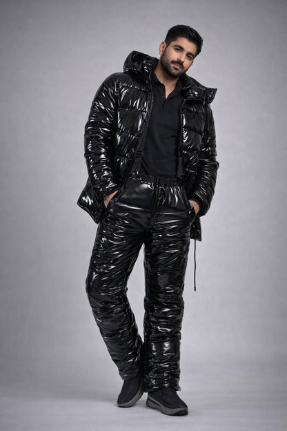 Black Glossy Nylon Puffer Set Hooded Insulated Jacket and Pants