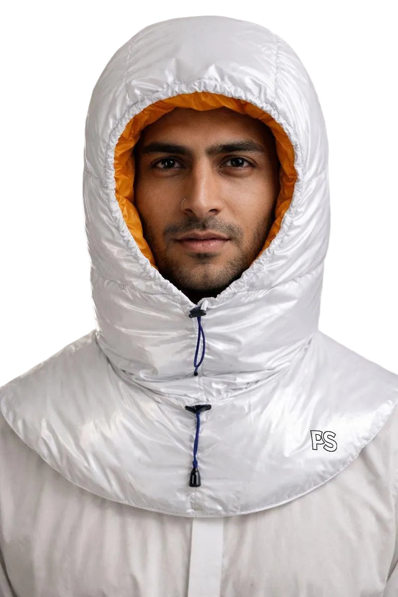 Glossy White Quilted Hood with Vibrant Orange Interior