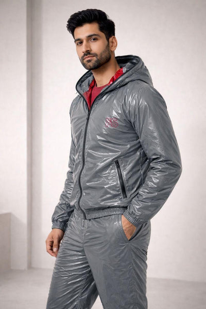 Men’s Shiny Nylon Tracksuit Silver Wet-Look Two-Piece Set