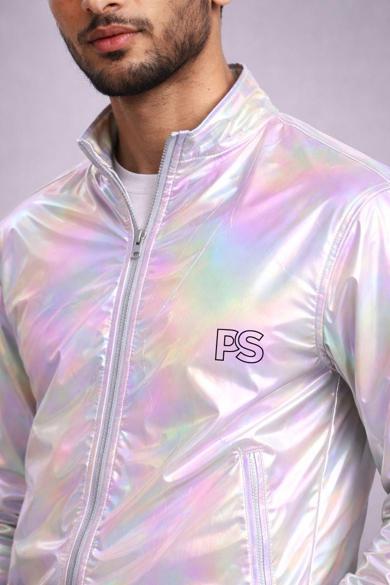White Multicolor Shiny Nylon Track Suit with Bomber Jacket