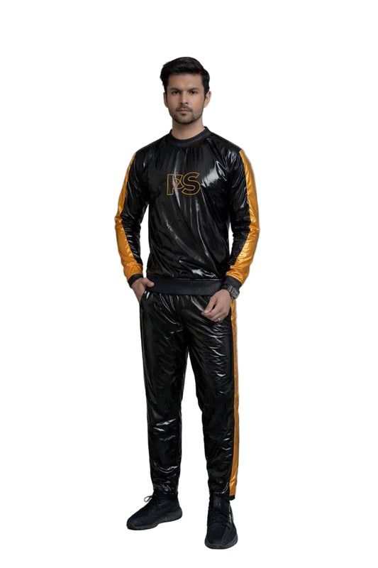 Shiny Black Nylon Tracksuit with Metallic Gold Accent Stripes