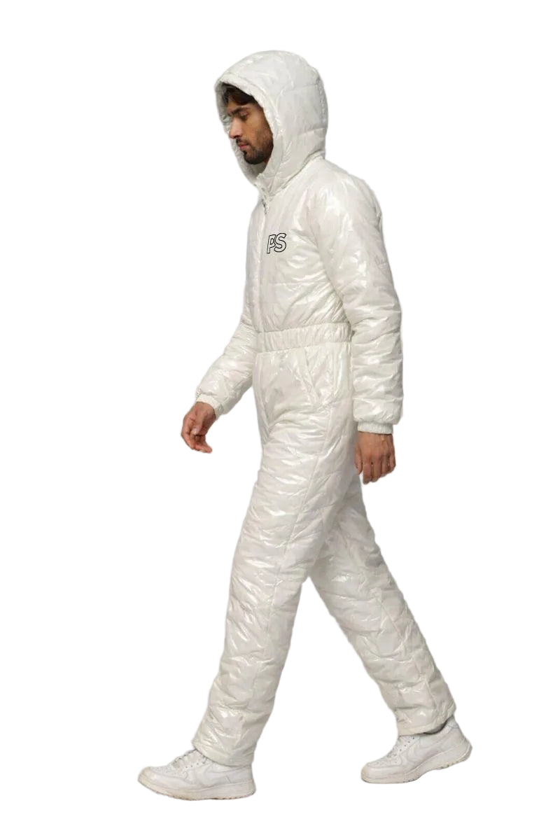 Men's Shiny Puffy Snowsuit Off White Waterproof Jumpsuit