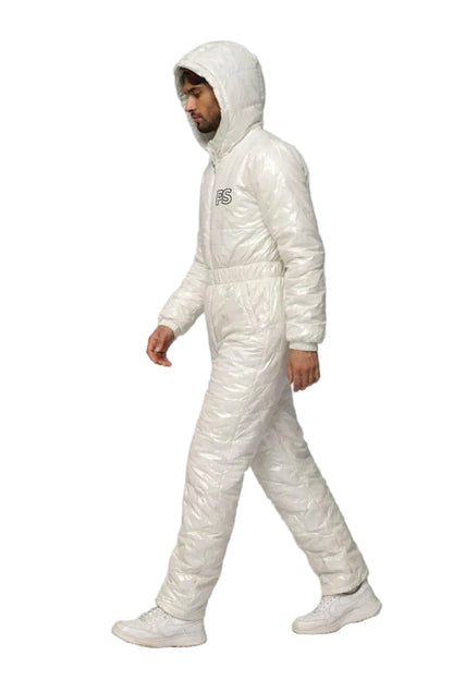 Men's Shiny Puffy Snowsuit Off White Waterproof Jumpsuit