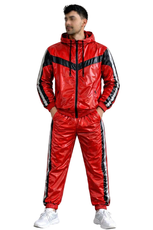 Shiny Red Nylon Track Suit with Chevron Stripe Design