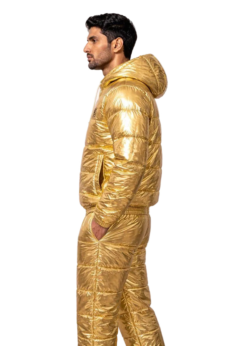 Metallic Gold Shiny Nylon Puffer Tracksuit for Men