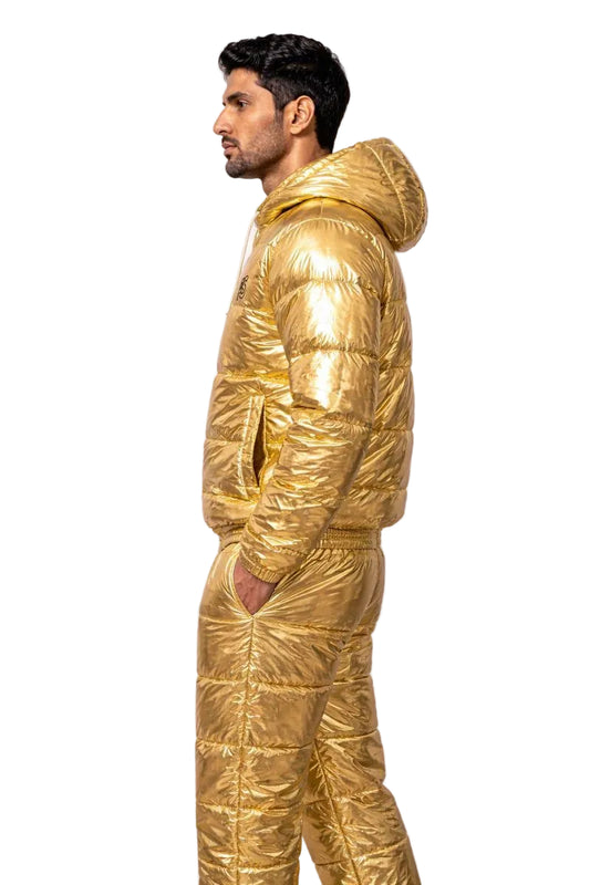 Metallic Gold Shiny Nylon Puffer Tracksuit for Men