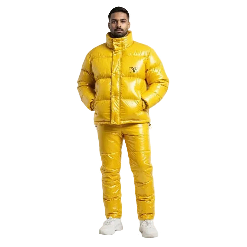 Men Shiny Yellow Puffer Jacket & Pants Set