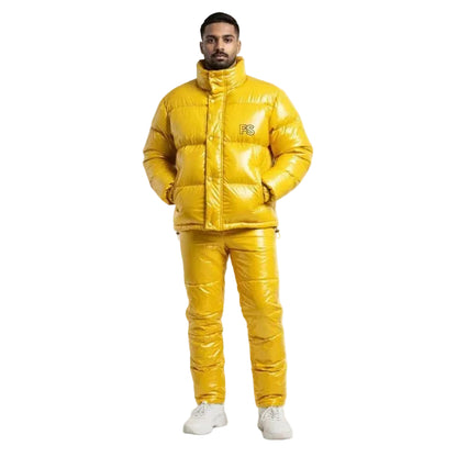 Men Shiny Yellow Puffer Jacket & Pants Set
