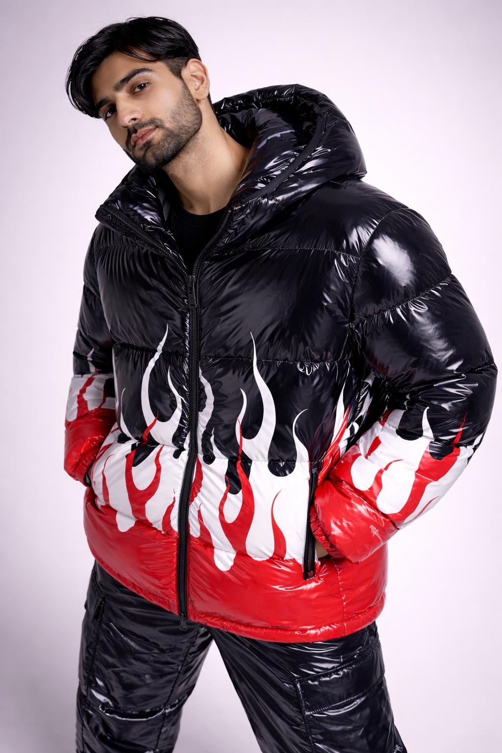 Shiny Puffer Jacket with Flame Design