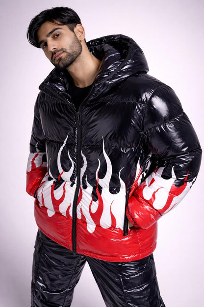 Shiny Puffer Jacket with Flame Design