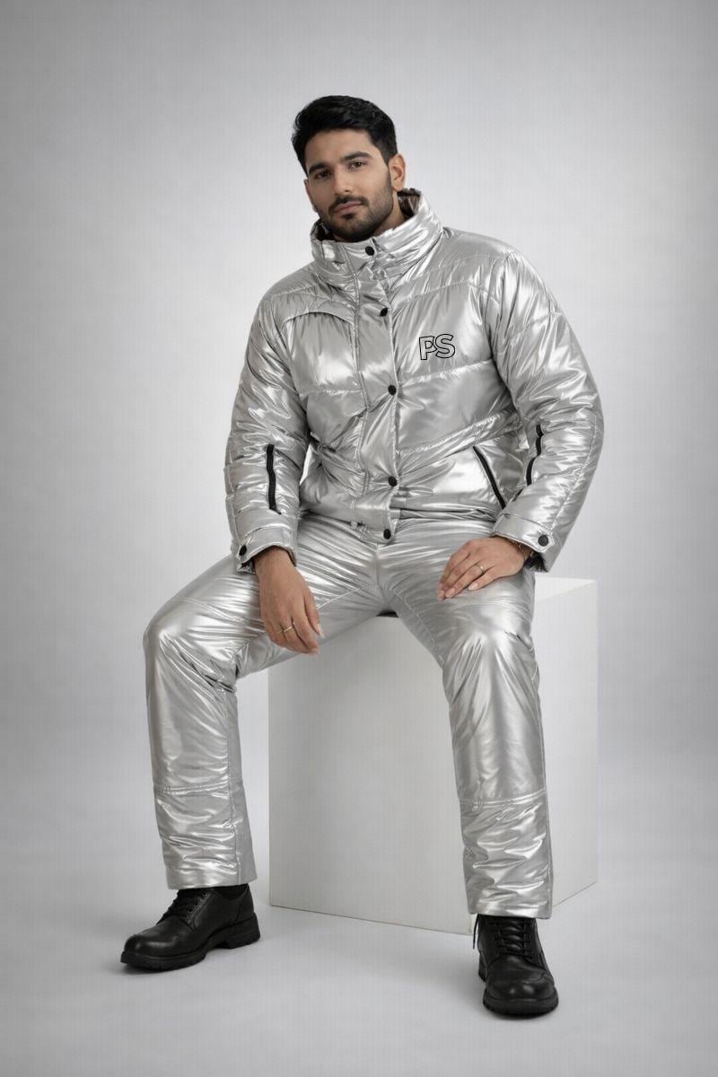 Men's Shiny Puffy Snowsuit: Off White Waterproof Jumpsuit