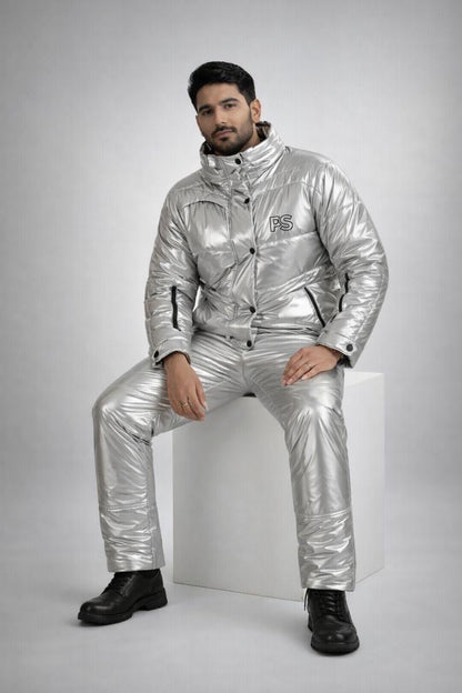 Men's Shiny Puffy Snowsuit: Off White Waterproof Jumpsuit