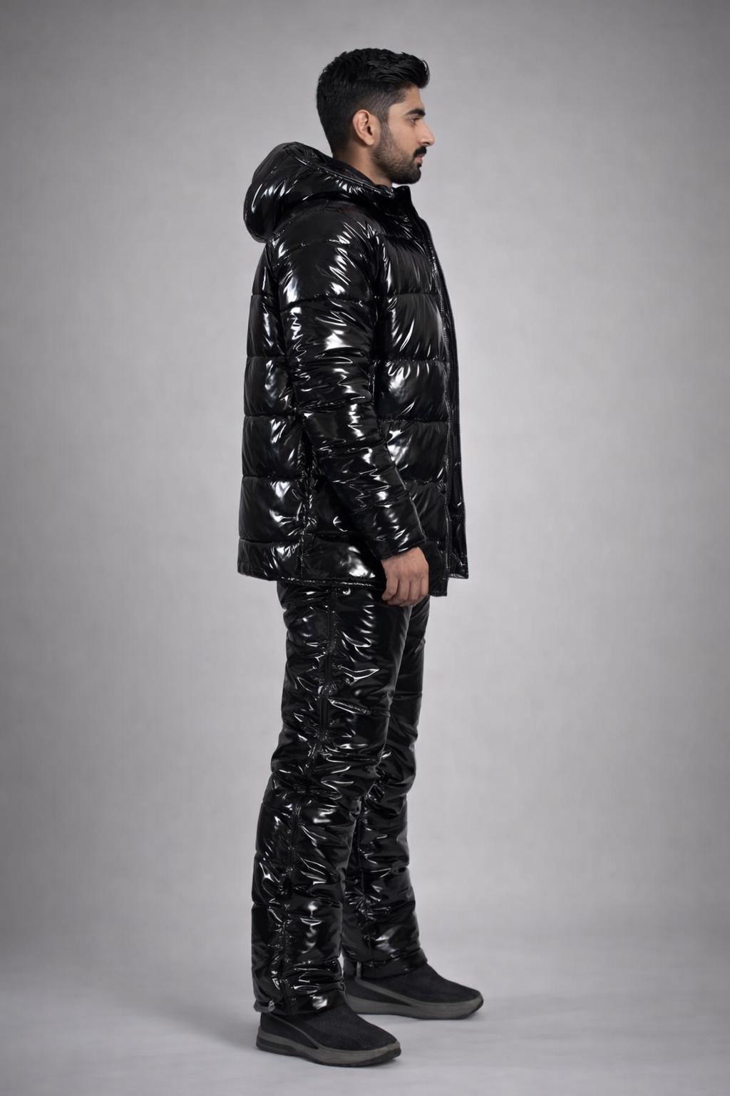 Black Glossy Nylon Puffer Set Hooded Insulated Jacket and Pants