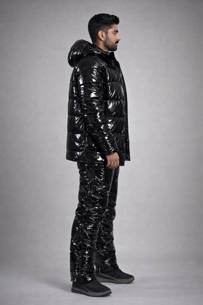 Black Glossy Nylon Puffer Set Hooded Insulated Jacket and Pants