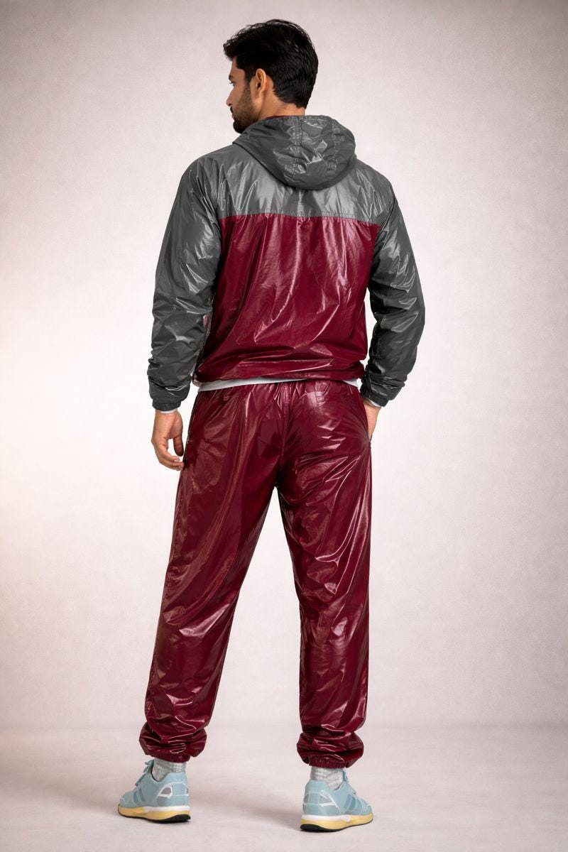 Burgundy & Charcoal Shiny Nylon Tracksuit