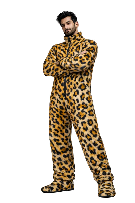 Leopard Print Faux Fur Jumpsuit  Full Body Hooded Plush Onesie