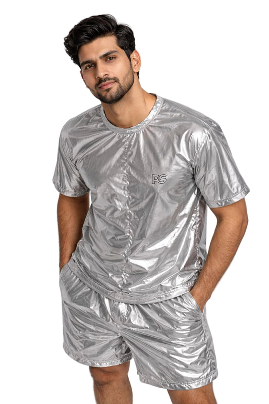 Shiny Silver Nylon Lightweight T-Shirt & Shorts Set
