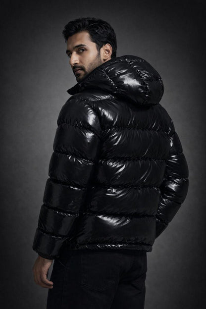 Black Glossy Nylon Puffer Hoodie Jacket