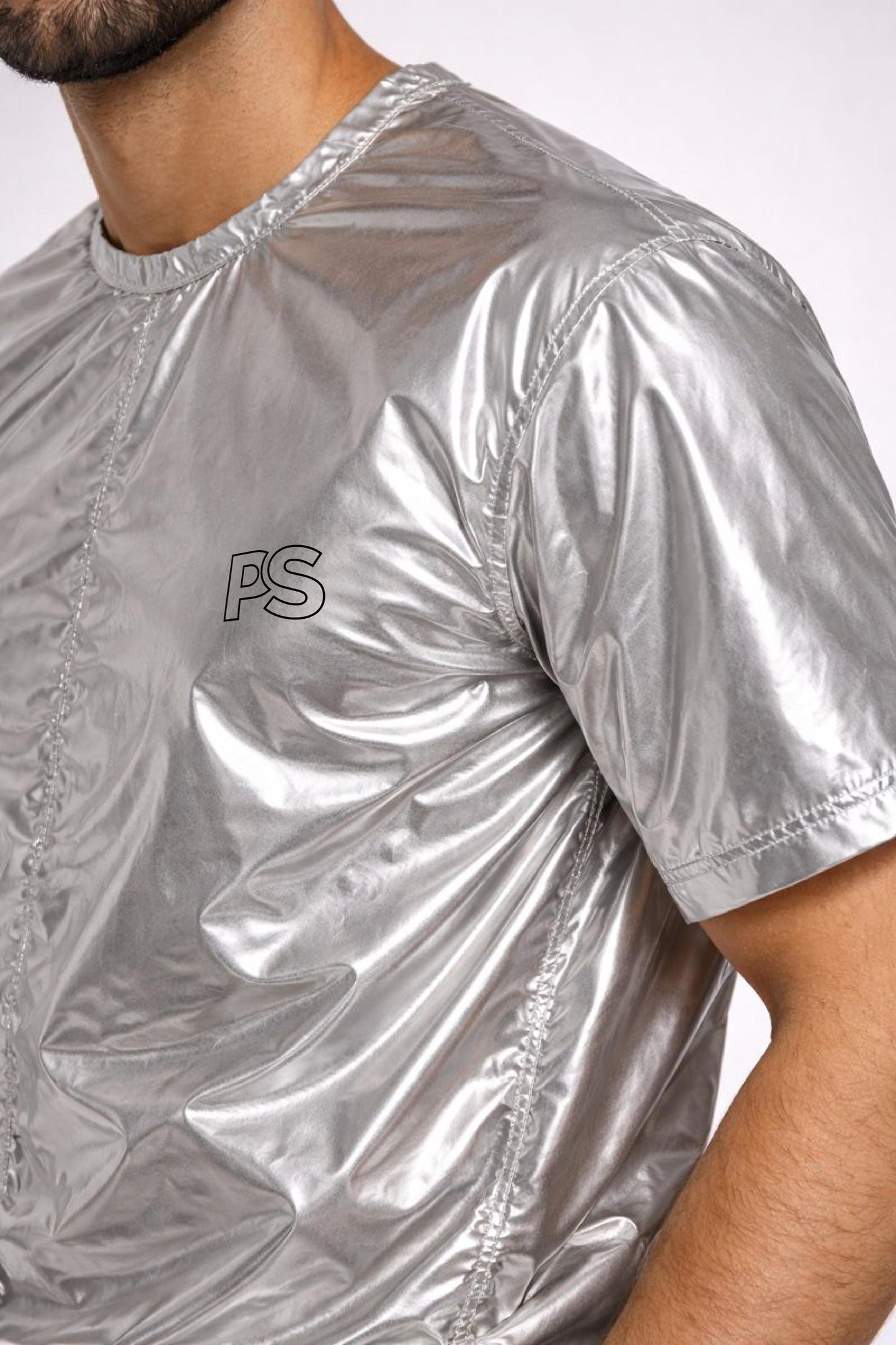 Shiny Silver Nylon Lightweight T-Shirt & Shorts Set