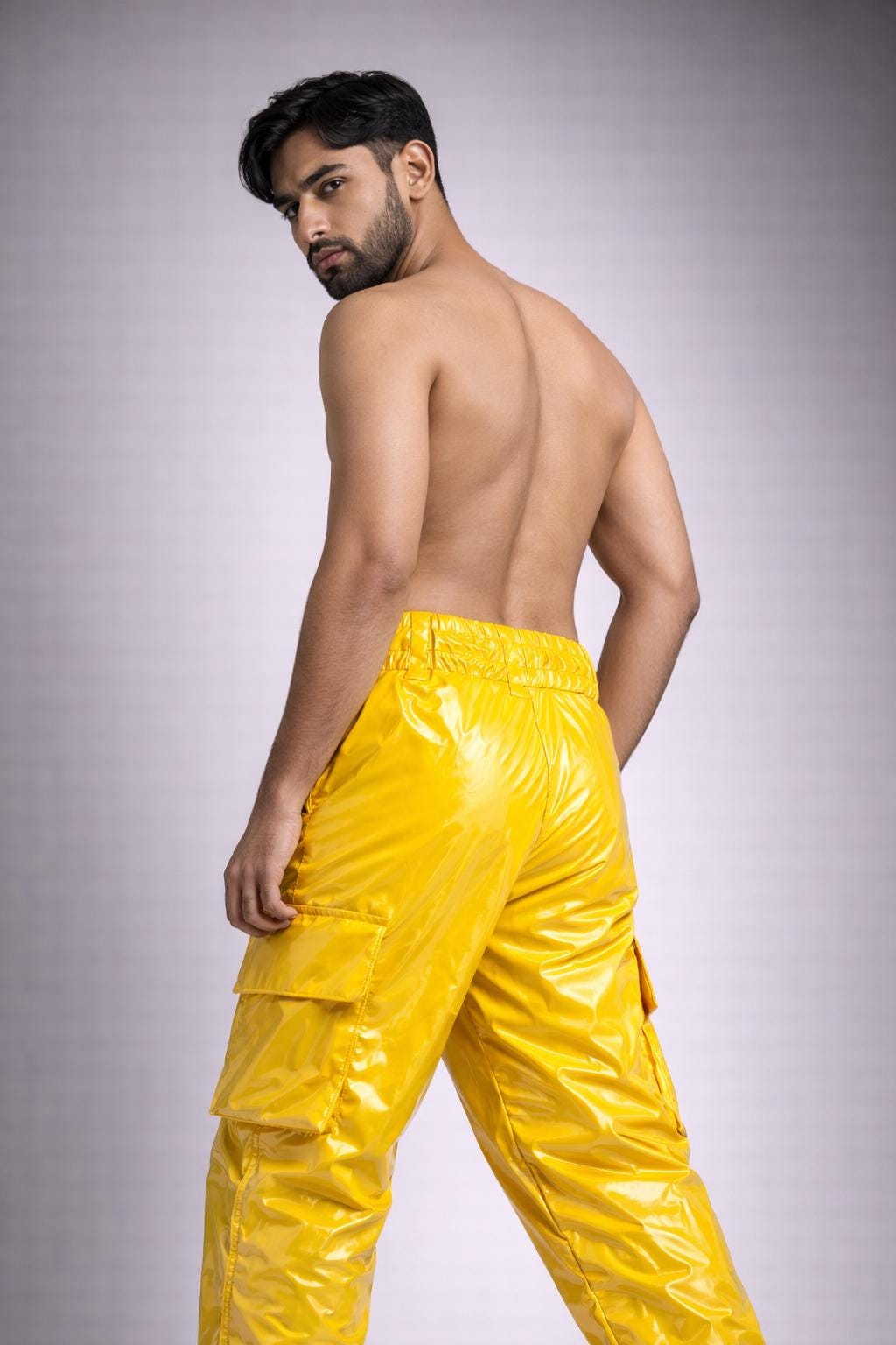 Men’s Bright Yellow Shiny Nylon Cargo Pants High Gloss Streetwear