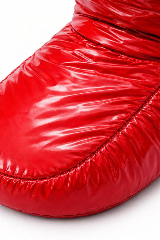 Red Puffy Indoor Slipper Boots with Adjustable Drawstring
