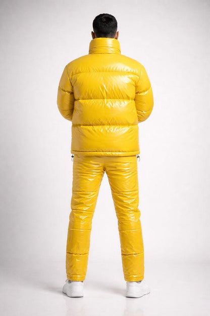Men Shiny Yellow Puffer Jacket & Pants Set