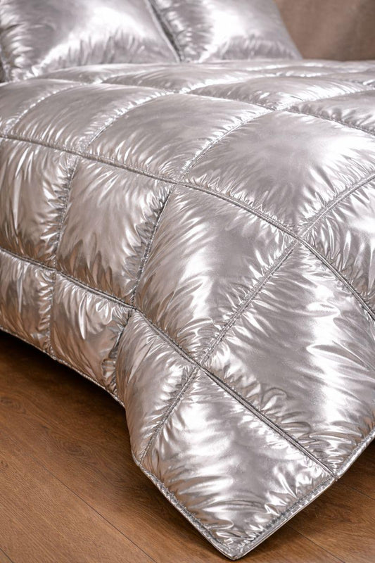 Silver Metallic Quilted Shiny Nylon Bedding Set