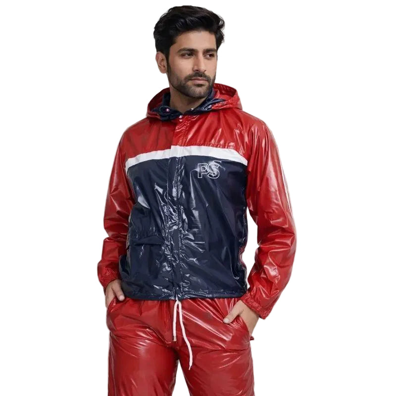 Red Glossy PVC Hooded Tracksuit with Navy & White Chest Panel