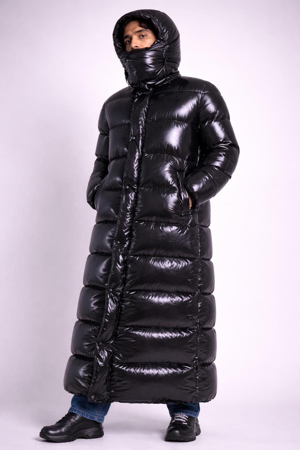 Long Black Shiny Puffer Coat Hooded Full Length