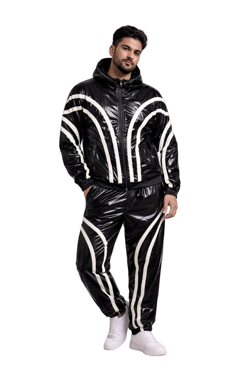 Black Shiny PVC Jumpsuit Full Zip Hooded Style