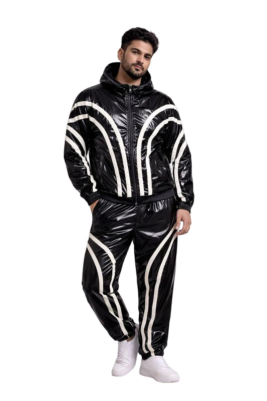 Black Shiny PVC Jumpsuit Full Zip Hooded Style