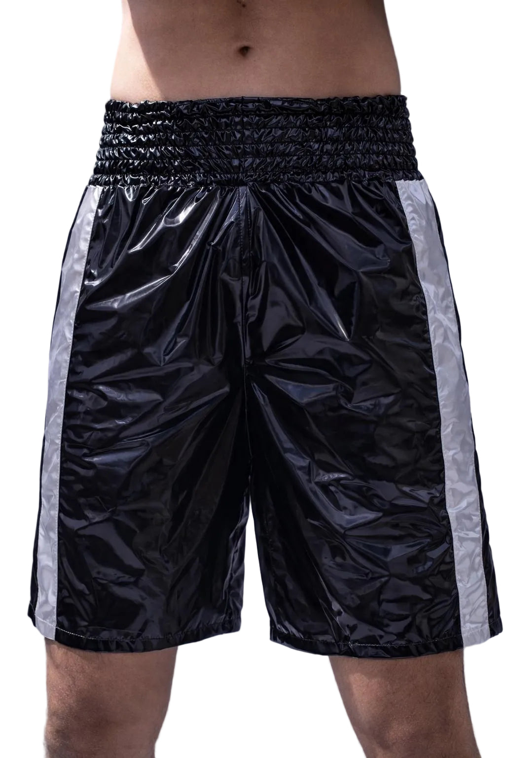 Shiny Nylon Boxing Shorts Trunks with White Side Stripes