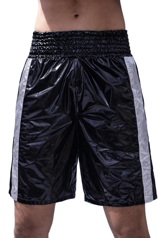Shiny Nylon Boxing Shorts Trunks with White Side Stripes