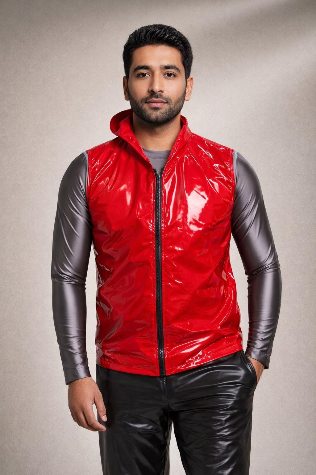 Men’s Red Shiny Nylon Vest Glossy Lightweight
