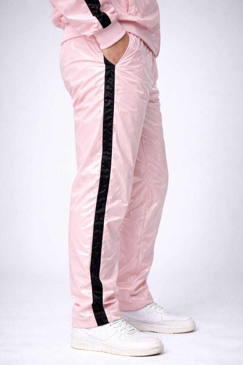 Shiny Nylon Baby Pink Tracksuit with Black Stripes