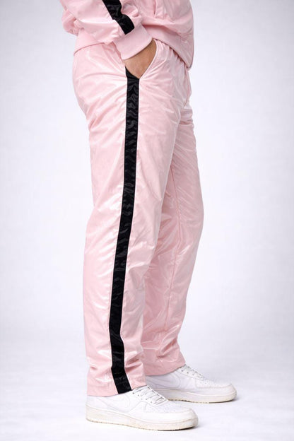Shiny Nylon Baby Pink Tracksuit with Black Stripes