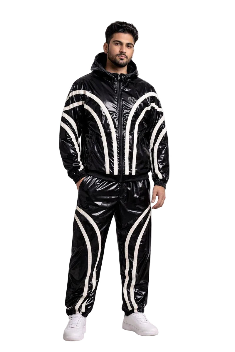 Black Shiny PVC Jumpsuit Full Zip Hooded Style