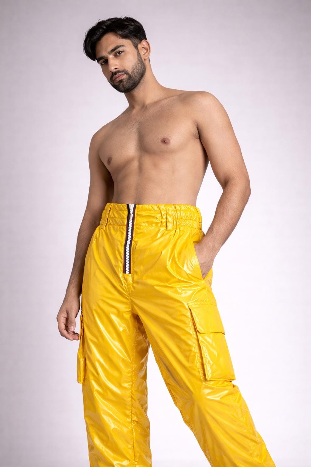 Men’s Bright Yellow Shiny Nylon Cargo Pants High Gloss Streetwear
