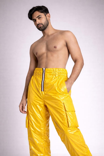 Men’s Bright Yellow Shiny Nylon Cargo Pants High Gloss Streetwear