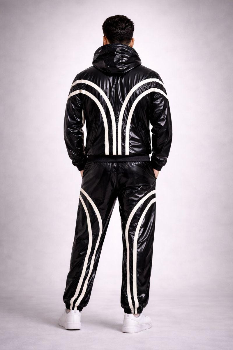 Black Shiny PVC Jumpsuit Full Zip Hooded Style