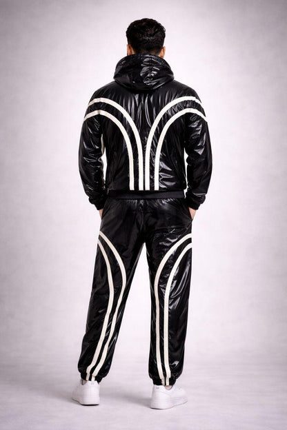 Black Shiny PVC Jumpsuit Full Zip Hooded Style