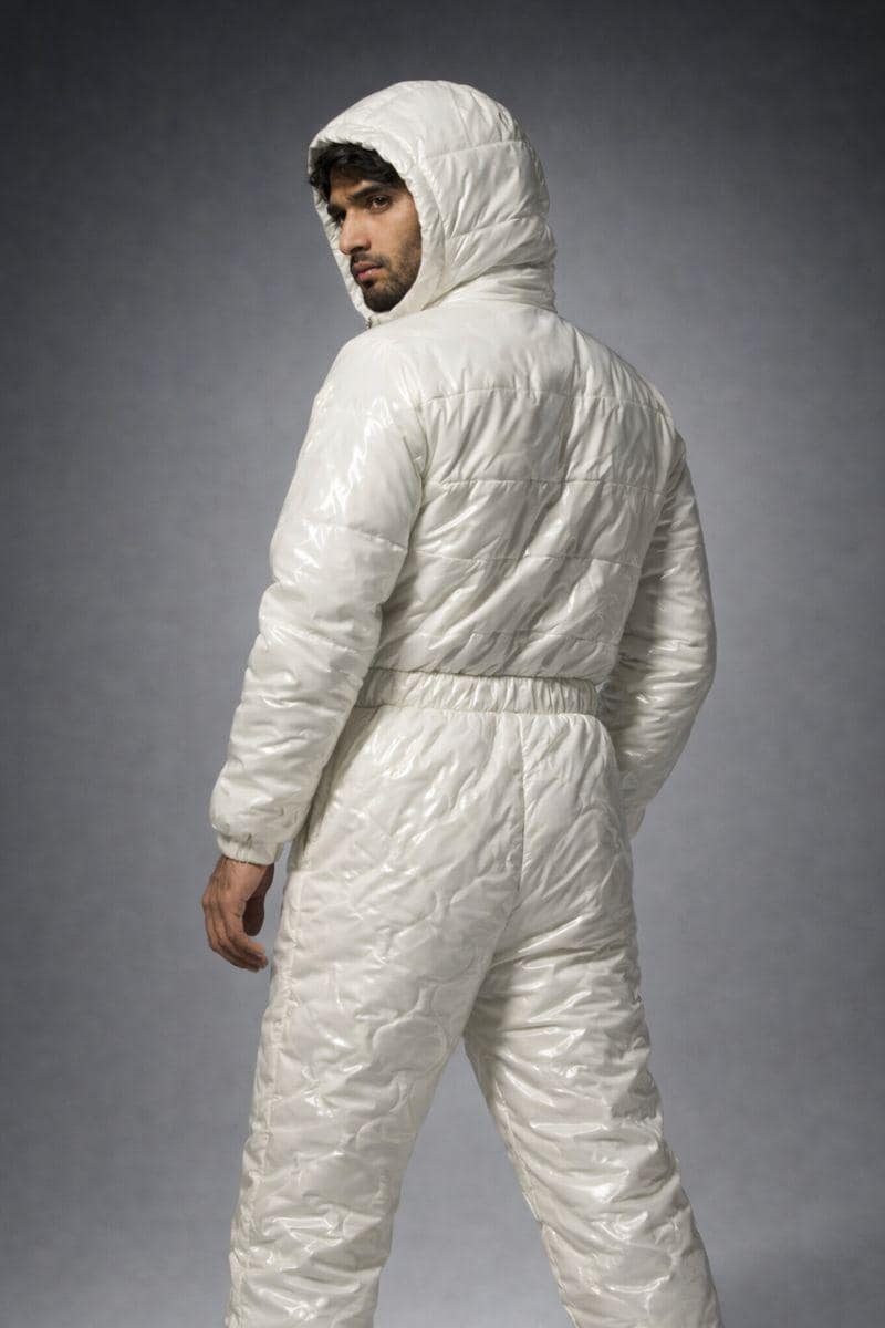 Men's Shiny Puffy Snowsuit Off White Waterproof Jumpsuit
