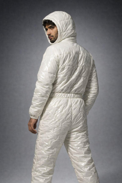 Men's Shiny Puffy Snowsuit Off White Waterproof Jumpsuit