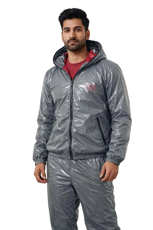 Men’s Shiny Nylon Tracksuit Silver Wet-Look Two-Piece Set